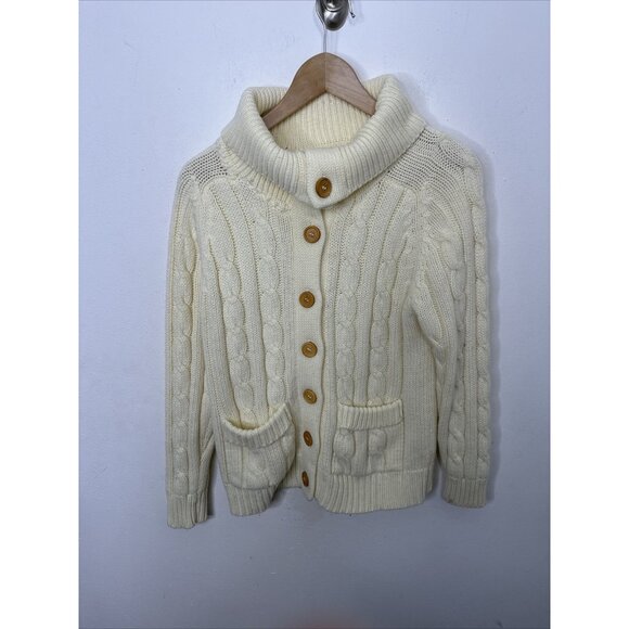 Vintage 70s Cable Knit Woman M Cardigan Sweater Acrylic Classic High Neck - Picture 5 of 6